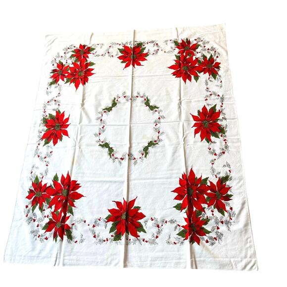 Vintage Christmas holiday tablecloth square printed cotton AS FOUND with stains - Picture 2 of 12